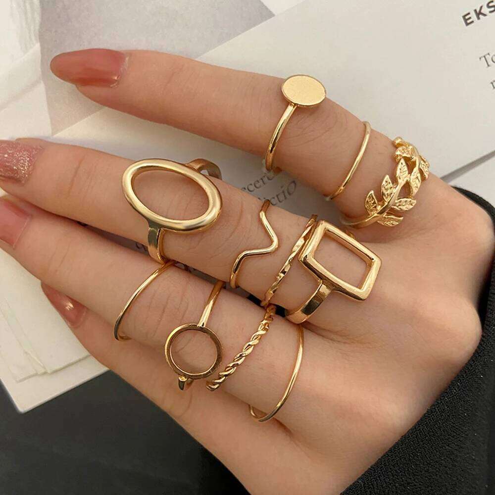 Vintage Geometric Gold Color Metal Hollow Leaf Wave Finger RingS Set for Women Creative Simple Knuckle Ring Party Jewelry Gift H260312