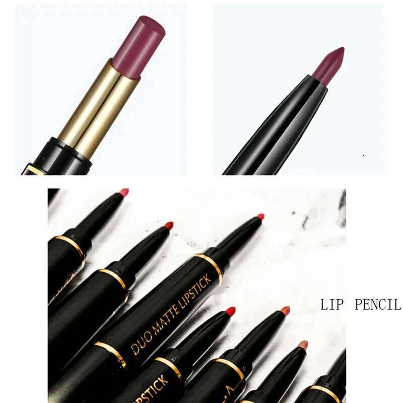 2 in 1 Lipstick and Liner Pen, Matte Waterproof Long Lasting Lip Makeup Tool, Non-Fading Smooth Velvet Finish W260311