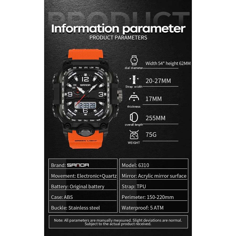 SANDA 2026 Men's Electronic Watch Multifunctional Luminous Alarm Clock Calendar Stopwatch Dual Display Digital Watches for Man