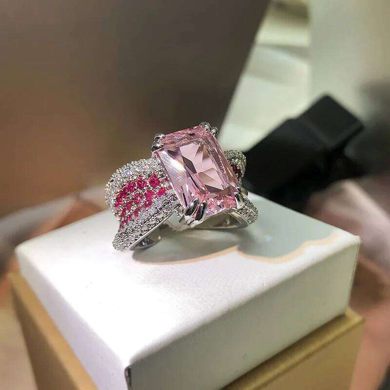 925 silver high-definition diamond personality opening pink four-claw gemstone ring female party birthday gift H260312