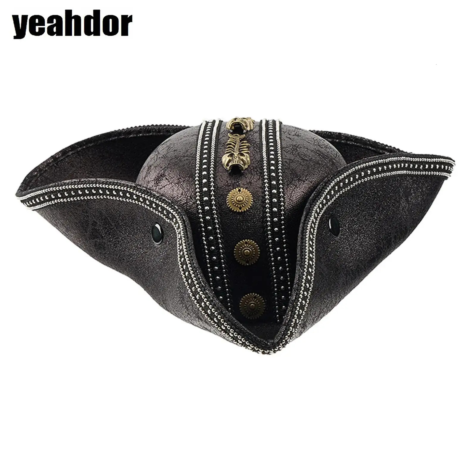Vintage Skull Captain Hat Faux Leather Pirate Hat Colonials Tricorn Hat for Men Women Halloween Cosplay Pirate Themed Party Caps 260304