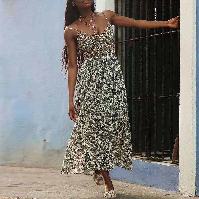Maemukilabe Women Beach Style Holiday Maxi Floral Spaghetti Straps Backless Swing Summer Long Dress Cocktail Party C260312