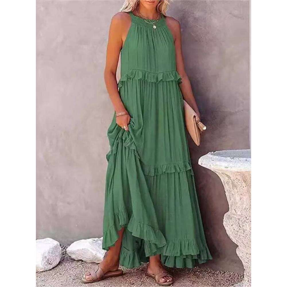 Summer Vacation Style Halter Neck Long Dresses Women Fashion Backless Leace-up Loose Ruffles Beach Dress Elegant Ladies Vestidos C260312