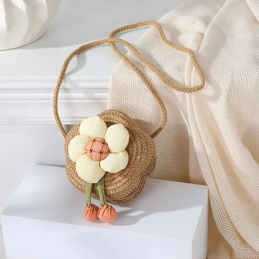 Durable Straw Crossbody Bag Flower Woven Shoulder Handbag Girls Kids 260311