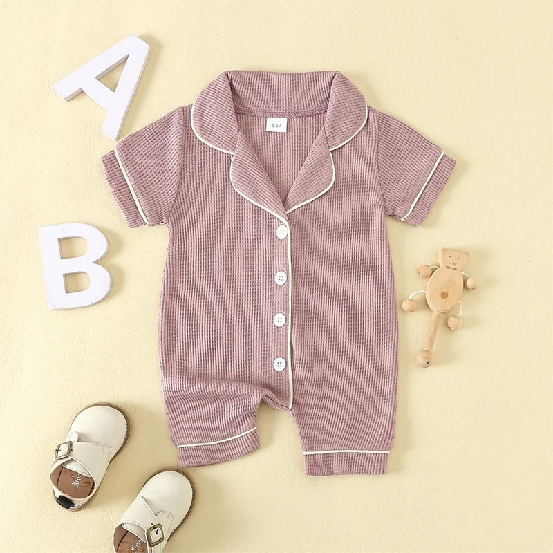 024months Baby Romper Pajama Lapel Neck Short Sleeve Trim Button Down Waffle Jumpsuit Infant Toddler Boys And Girls Sleepwear 260311
