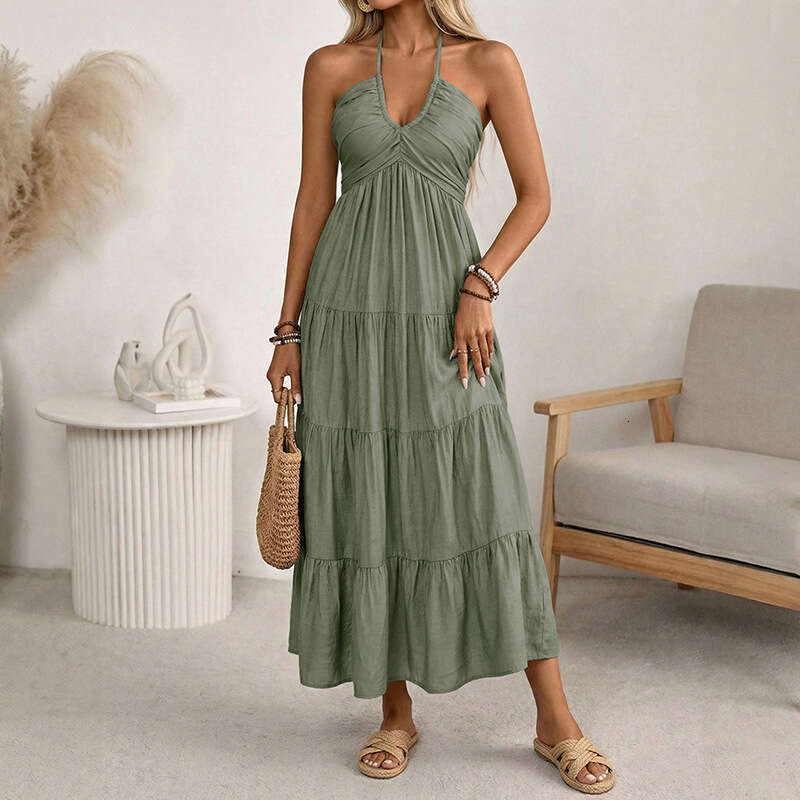 Cross-border European and American 2026 new summer casual ruched backless halter neck strap dress women's clothing
