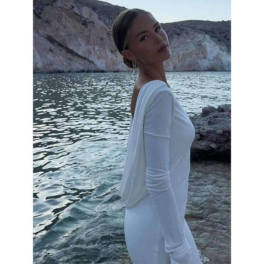 Chic Backless White Sleeved Slim Fit Dress for Women Pleated Elegant Round Neck Long Dresses 2024 New Female Evening Gowns C260311