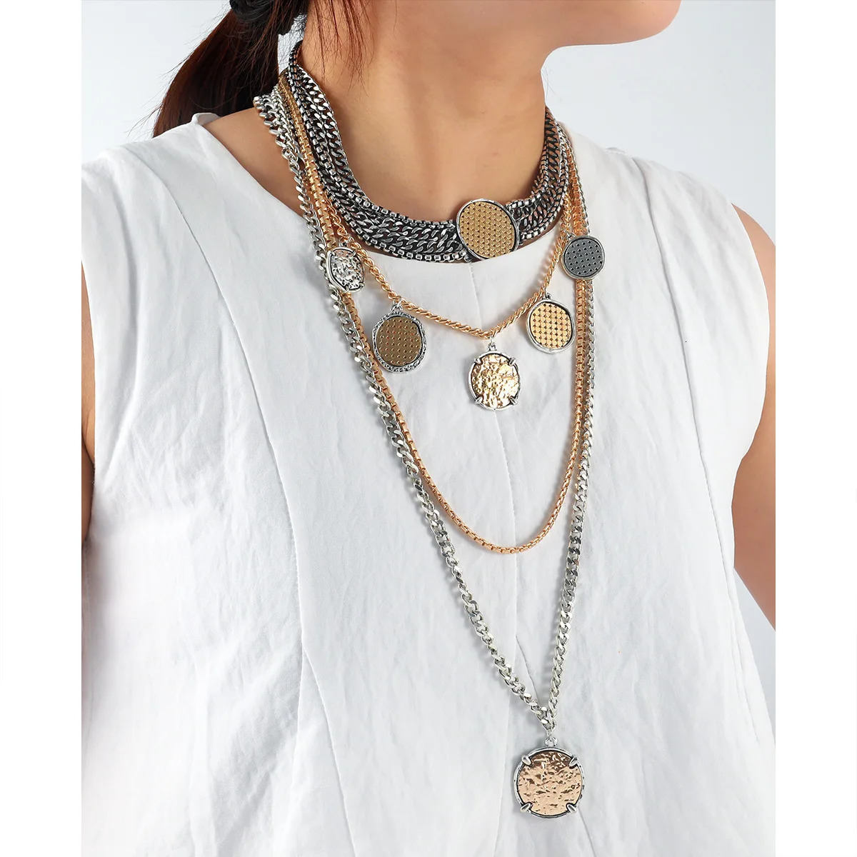 European and American exaggerated big multi-layer chain punk hip-hop style necklace womens natural bohemian style 260311