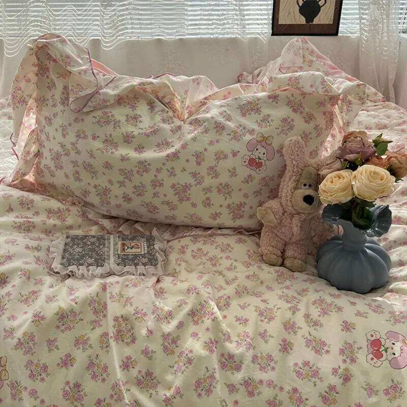 2025 New Korean Small Flower Wash Cotton Four Piece Princess Style Lace Bedding Set 4pcs bed skirt style H260312