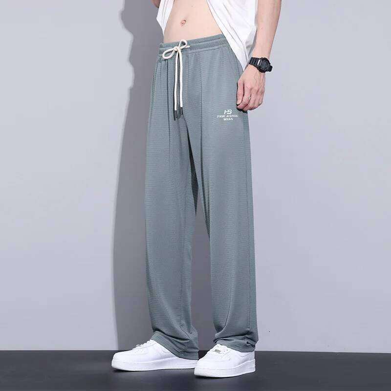 Summer Thin Mesh Net Hole Fabric Casual Pants Men Breathable Elastic Waist Baggy Korean Jogging Work Straight-leg Trouser New