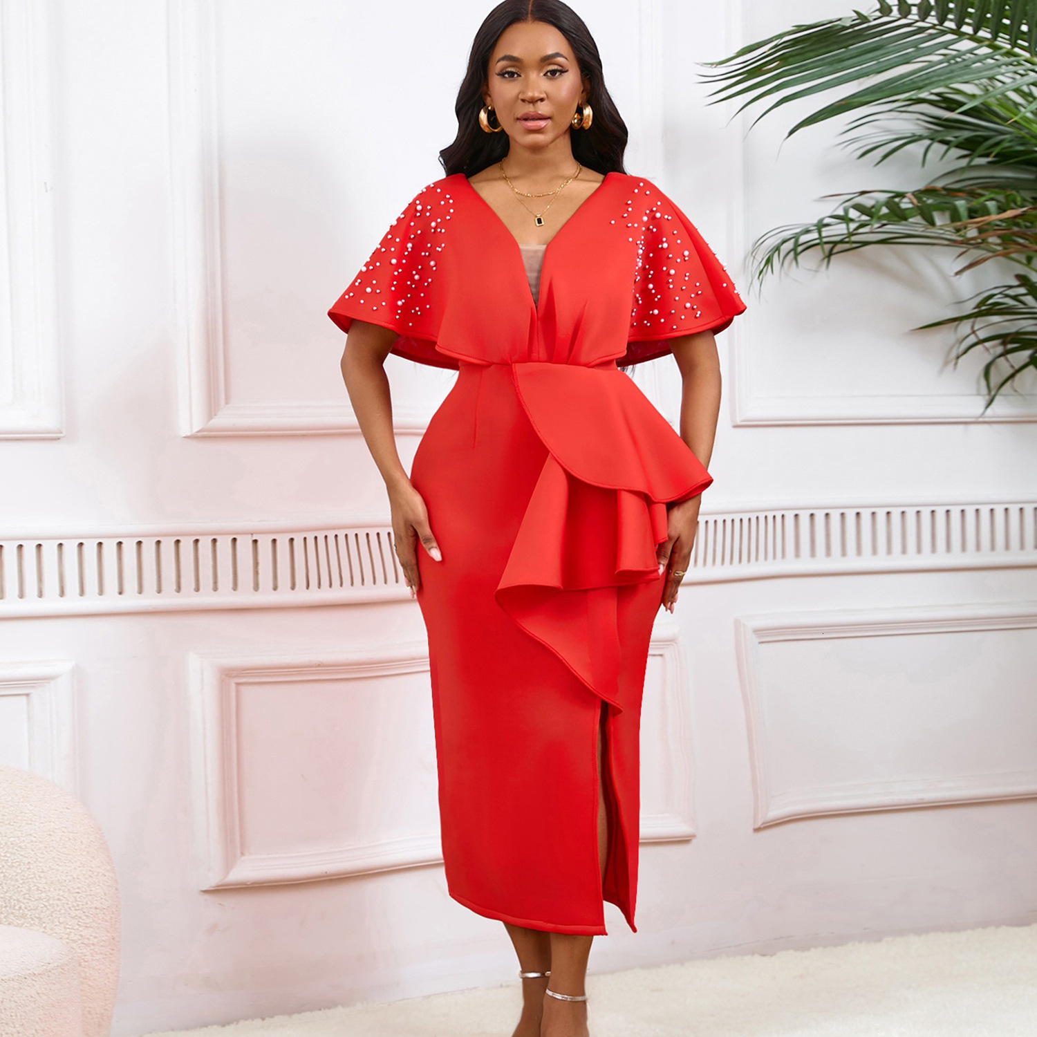 D516 Summer Sexy V-neck Ruffle Split Beaded Evening Dress Socialite Elegant Banquet Dress