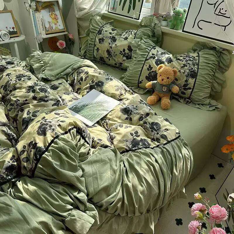 French Vintage Floral Bedding Four-Piece Elegant Flat Bed Sheet Set With 2 Pillowcases Twin Queen Size For Women Girls H260312