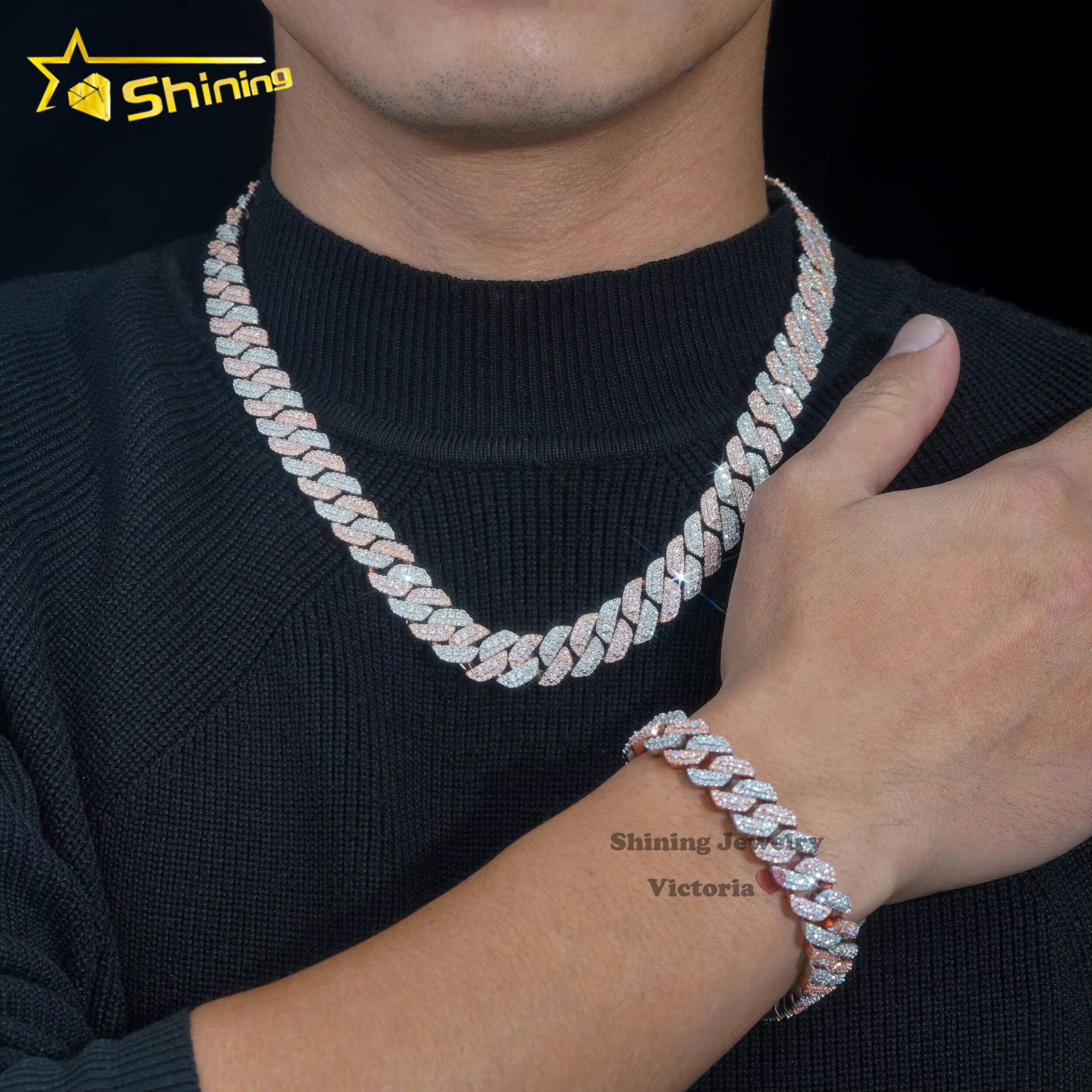 Rose Gold Plated Two Tone Iced Out 13mm 925 Sterling Silver Pass Diamond Tester Hip Hop Jewelry Vvs Moissanite Cuban Link Chain