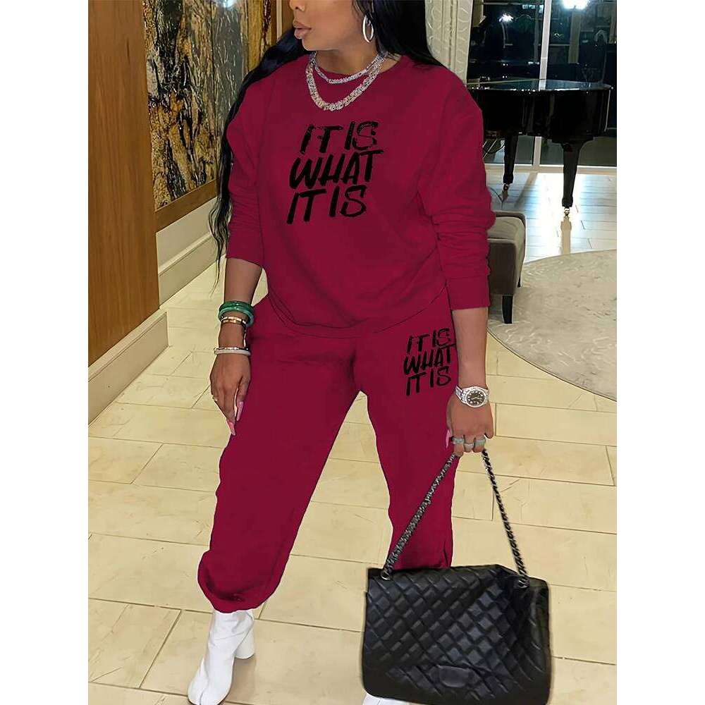 Plus Size Casual Sports Hoodie Two-Piece Set Loose Long Sleeve T Shirt Letter Pants for Women C260312