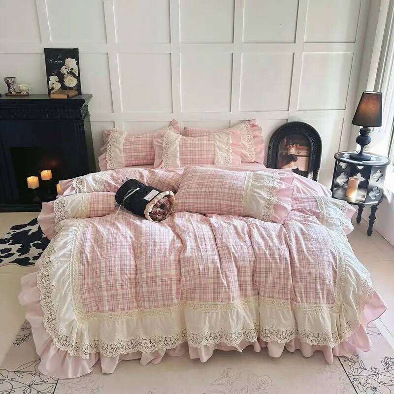 Vintage French Plaid Lace Ruffles 100% Cotton Bedding Duvet Cover Set Bed Sheet/Bed Skirt/Fitted Sheet Pillowcases 4Pcs H260312