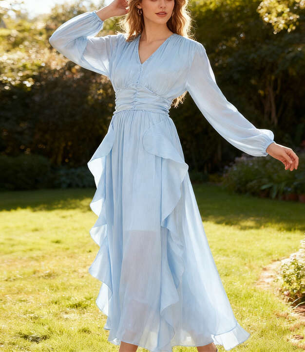 2026 spring a16 and summer elegant and simple pure color V-neck silk vacation style flowing long skirt for European and American women