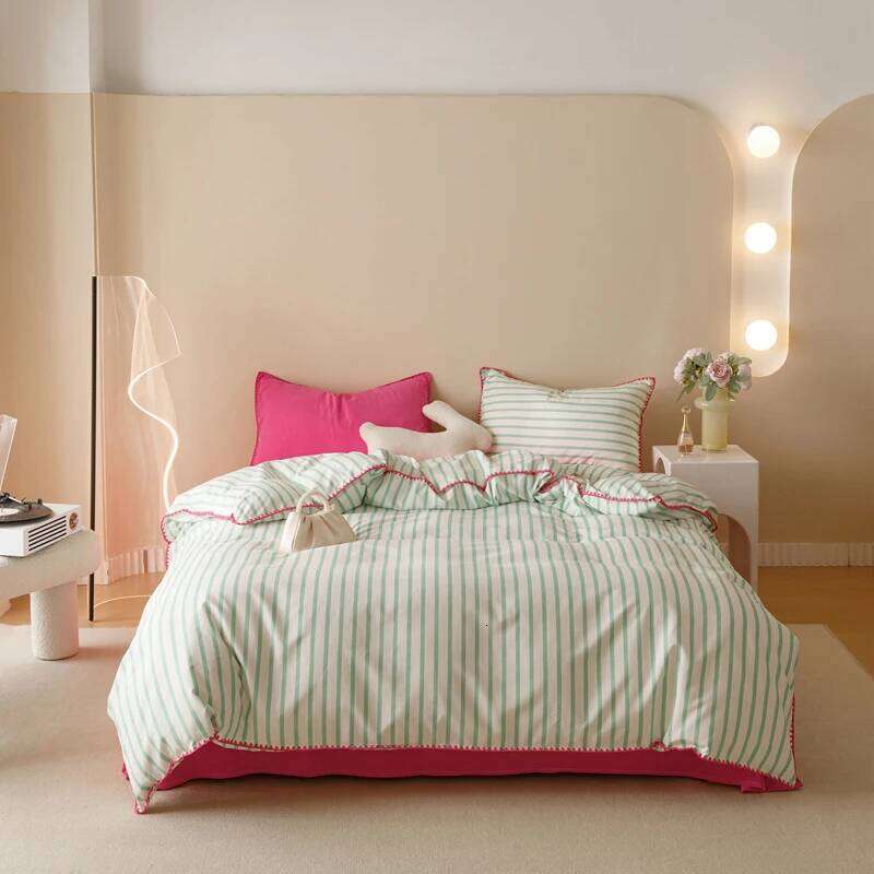 Bedding INS Girls Striped Soft Washed Cotton Sheet Queen King Size Duvet Comforter Set Pillowcase Bed Linens H260312