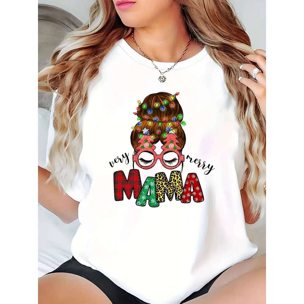 Mama T-Shirt Women's Funny Printed Top Holiday Christmas Gift For Mom Casual Wear 2023 Z260312