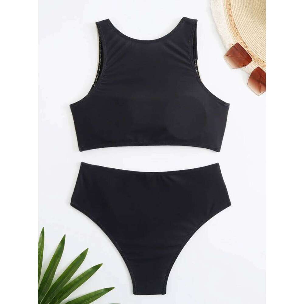 Sports Bikinis 2025 Women Waist Swimsuit Solid High Neck Swimwear Female Bathers Bathing Swimming Suit Summer Beachwear Y260303