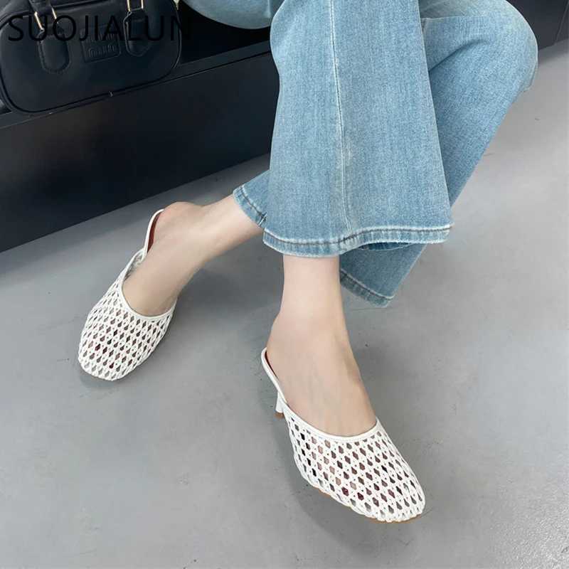 SUOJIALUN 2025 New Women Slipper Ladies Elegant Round Toe Slip On Mules Shoes Fashion Weave Thin High Outdoor Dress Sandal K260312
