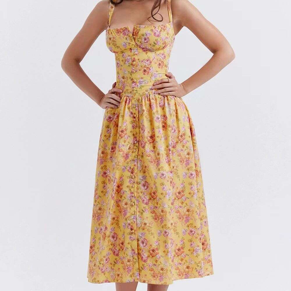 2026 Summer Camisole Dress with Front Buttons, Back Tie, Waist-Cinching, Lace Trim Above the Bust, European and American Cross-Border Supply