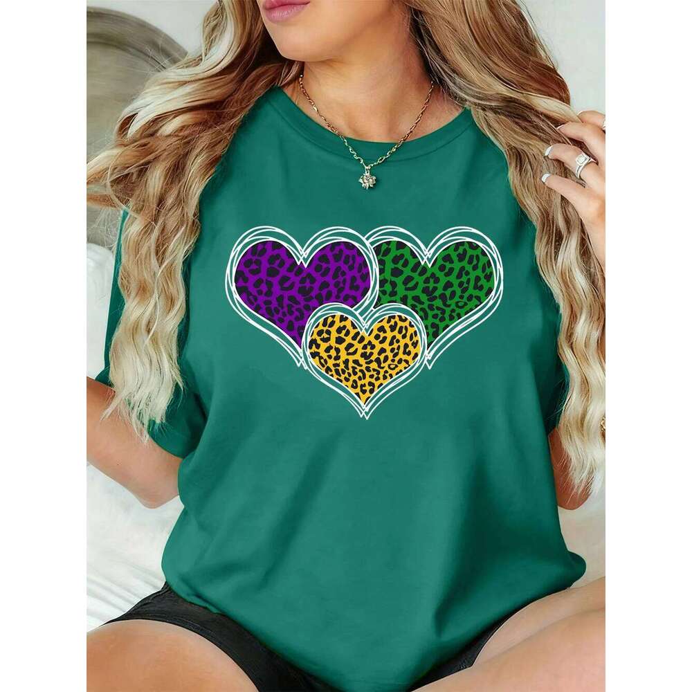 Happy Carnivals Leopard Print Heart Printed T-Shirts Women Summer O-Neck Short Sleeve Tops Loose T Shirt Basics Soft Clothes Z260312