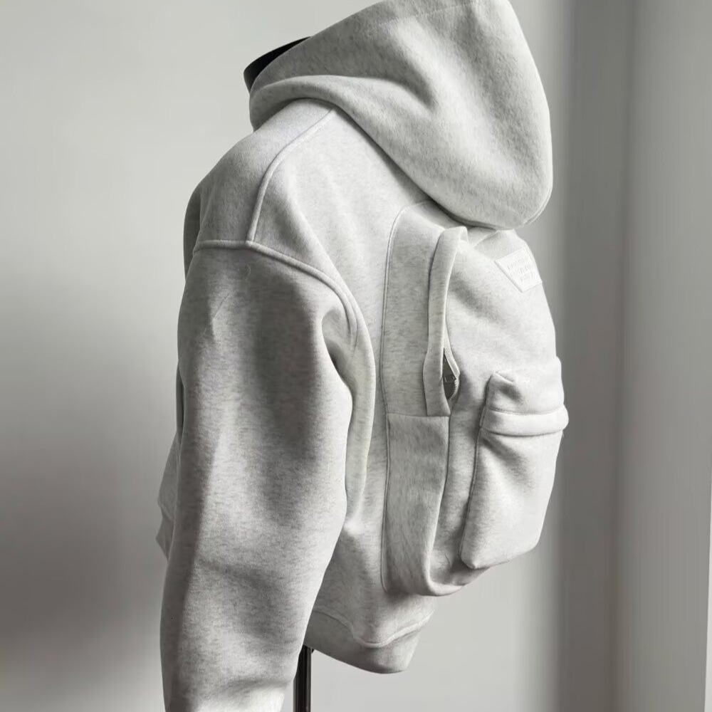 Designer Hoodie White And Gray Three-dimensional Backpack Hooded Sweatshirt For Men Early Autumn Retro Design Jacket Trendy Heavy-duty Top