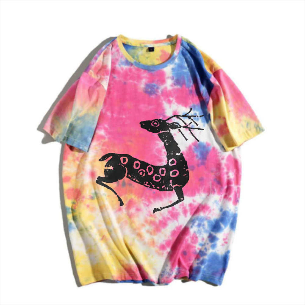 Forest style vintage spotted reindeer tie dye short sleeved T-shirt with American retro gradient deer print men's summer versatile top