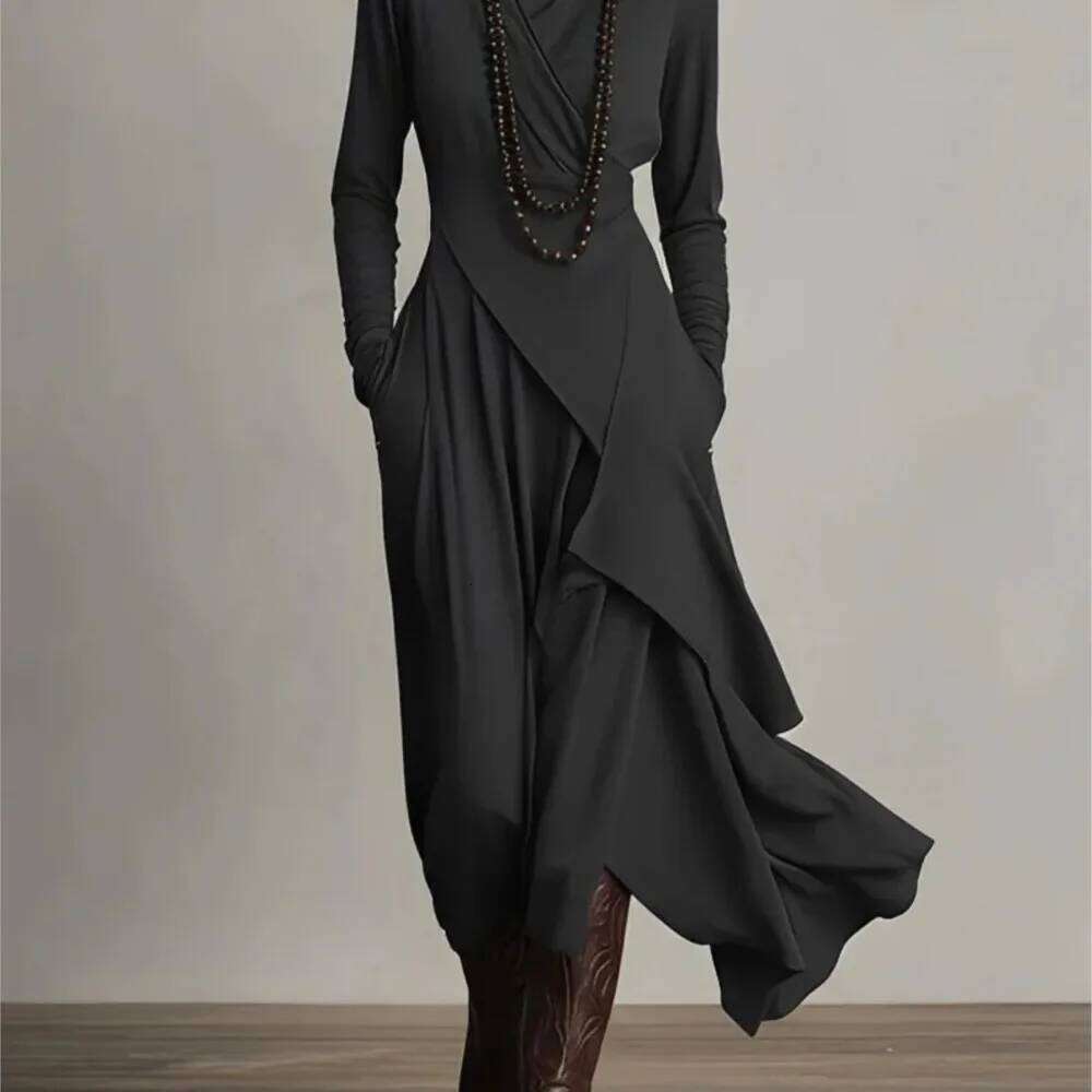 Irregular Solid Color Sleeve Spring Autumn Women's New Cross High Neck Long Dress Vestidos Para Ropa Mujer C260312