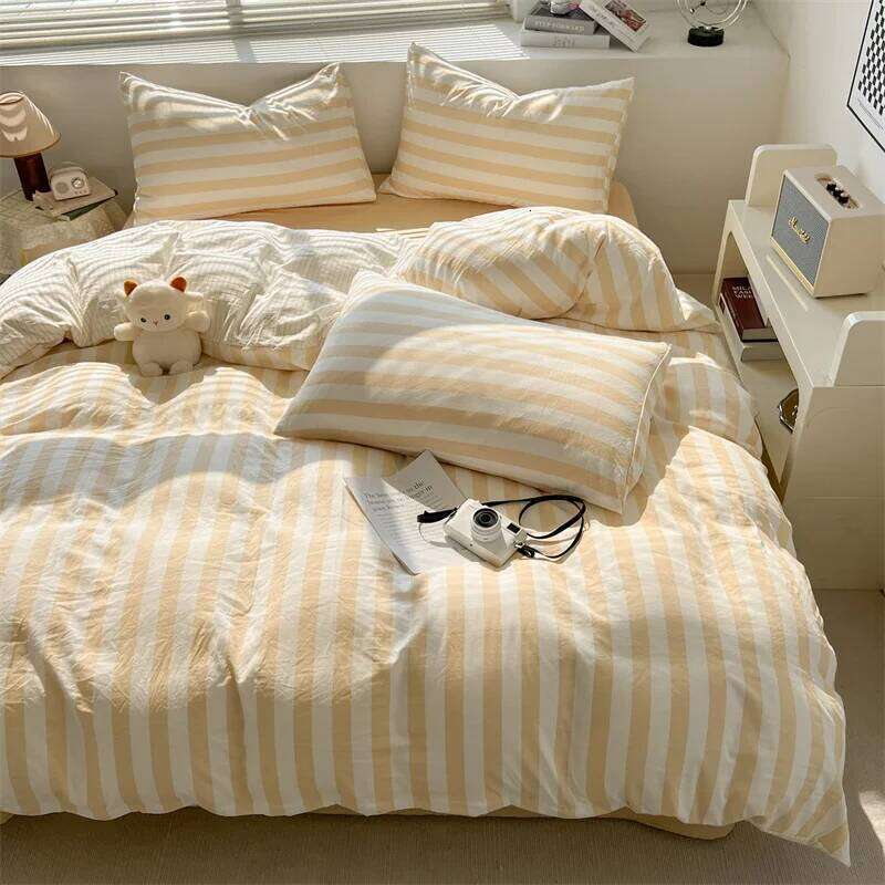 Washed Cotton Double Yarn Crepe Striped Quilt Set 3-4 Pillowcase with Sheet Bedding Cover Supplies 200x230 220x240 Skin Friendly H260312