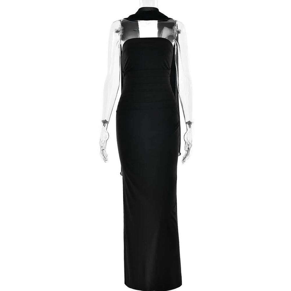 XIAOTANG Scarf Collar Strapless Sexy Maxi for Women Fashion Off-shoulder Backless Bodycon Club Party Long Dress Elegant C260311