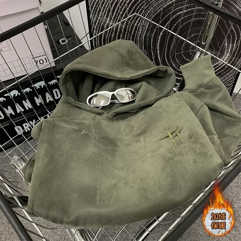 Spring And Autumn Suede Sweatshirt For Men New Loose-fit Trendy Designer Hoodie Brand With Embroidered Letters Fleece-lined Hooded Top