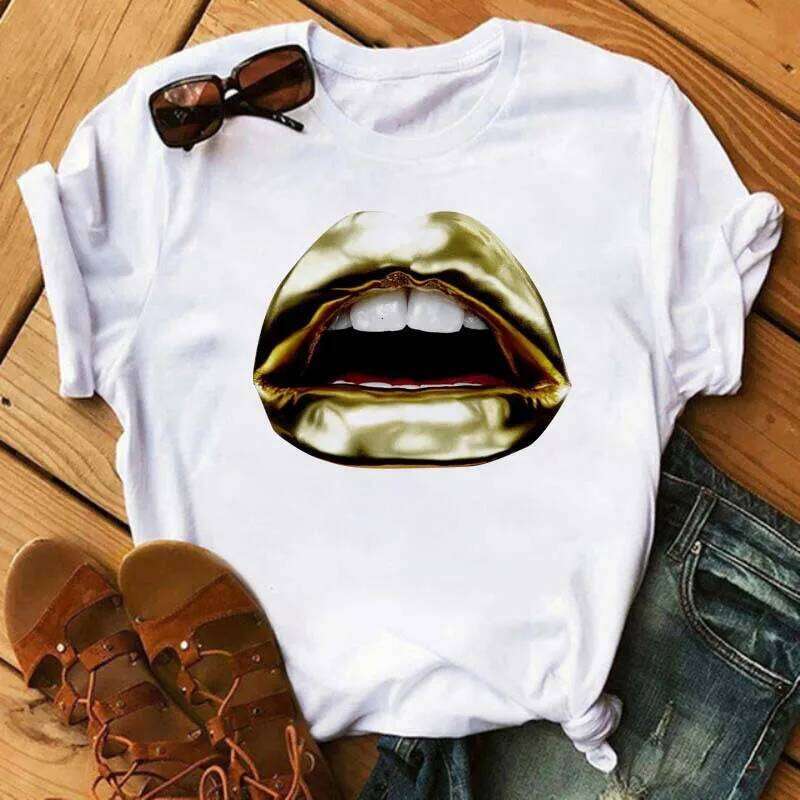 Sexy Colorful Diamonds Lip Print T Short Sleeve O Neck Loose Women Tshirt Ladies Tee Shirt Tops Camisetas Mujer Z260312