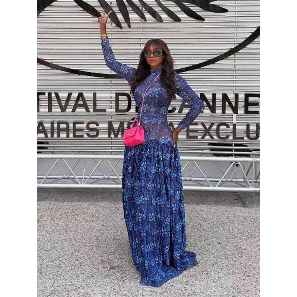 Blue for Women Mid-turtleneck High Waist Transparent Light Long with Sleeves Streetwear Pleated Maxi Dress C260312