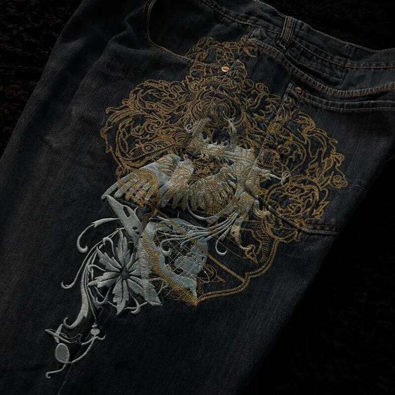 American New Fashion Oversize Pattern Embroidered Baggy Jeans Men Y2K Gothic Harajuku Hip Hop Straight High Waist Wide Leg Pants 26Y0312
