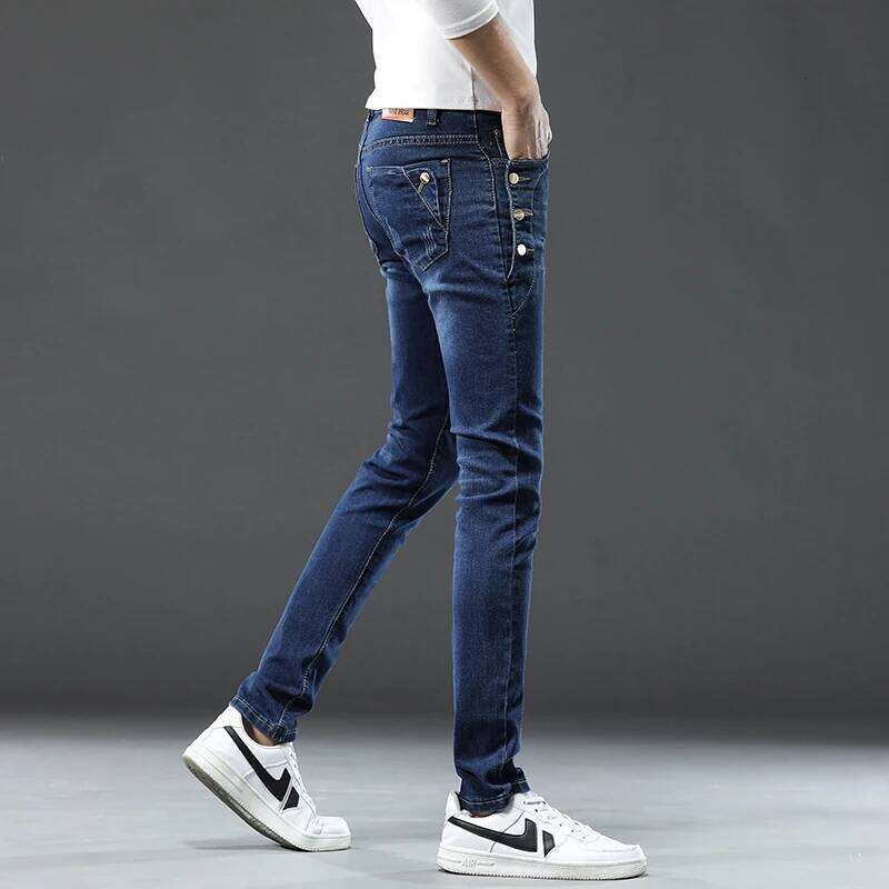 New Men Slim Korean Button Jeans Black Skinny Solid Color Stretch Multi-button Youth Male Denim Pants Streetwear 26Y0312