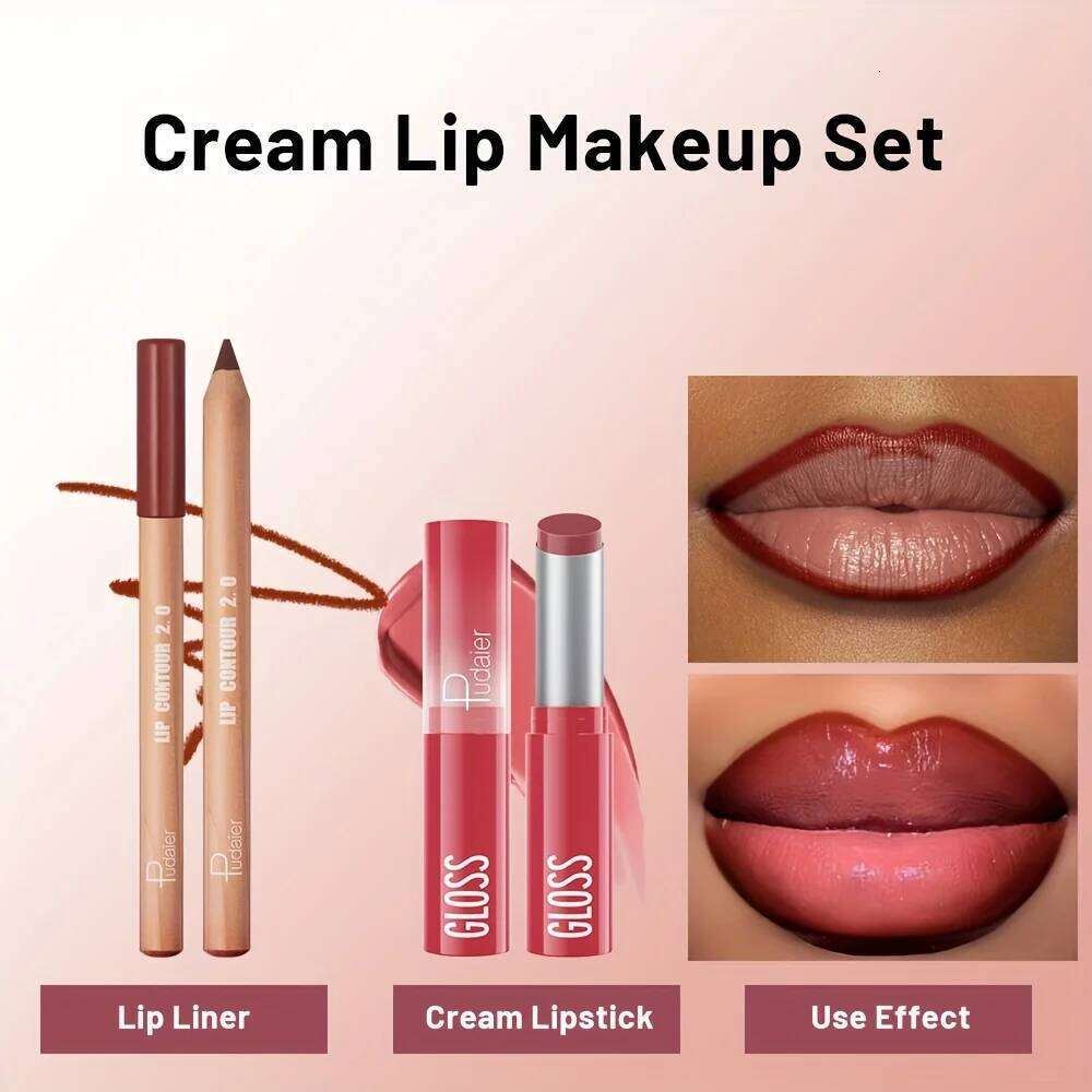 3pc Long-Lasting Lip Liner Lipstick Set - Creamy Texture, Complimentary Pencil Sharpener, Easy to Apply, lip gloss W260311