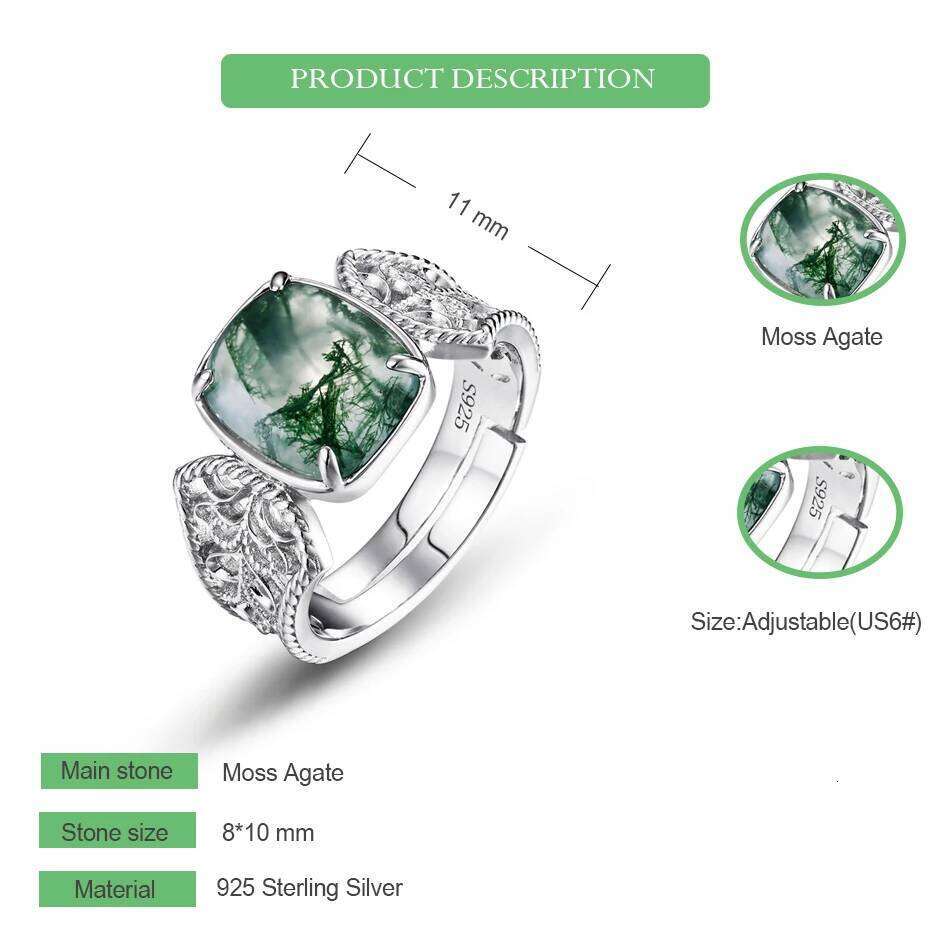 WES 925 Sterling Silver Natural Vintage 8*10mm Green Moss Agate Open Rings for Woman Wedding Gifts Certified Jewelry Wholesale H260312