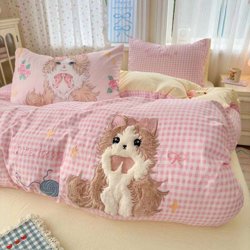 Cute Pink Cartoon Cat Bow Towel Embroidery Girls Kids Bedding Set Washed Cotton Soft Duvet Covers Bed Sheet Pillowcases 3/4Pcs H260312
