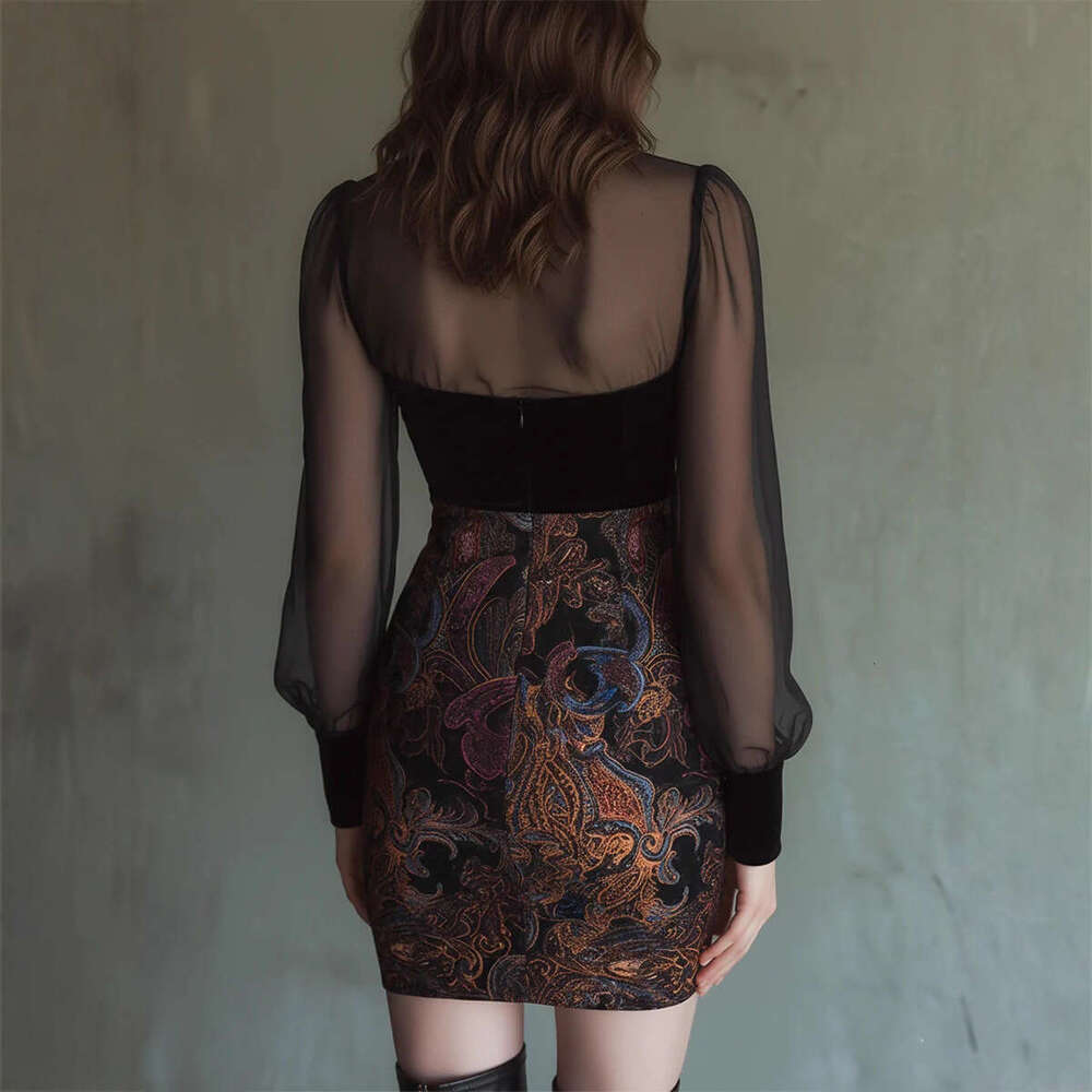 Women Floral Print Mini Dress Elegant Sexy V Neck See-through Mesh Splicing Long Sleeve Bodycon Hip Dress Temperament Dresses