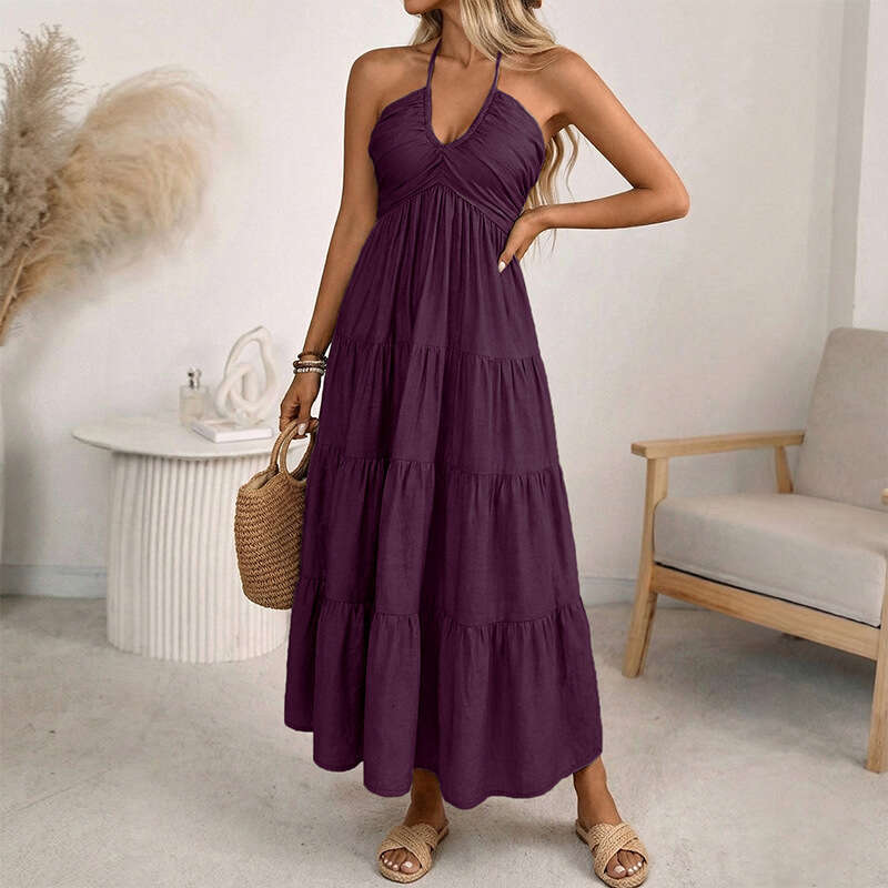Cross-border European and American 2026 new summer casual ruched backless halter neck strap dress women's clothing