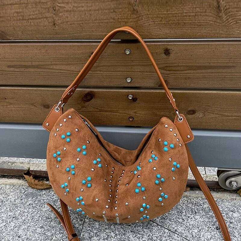 Bohemian Slim Half Moon Bags For Women Luxury Designer Handbags Purse 2025 New In Faux Suede Vintage Rivet Pearl Armpit Shoulder