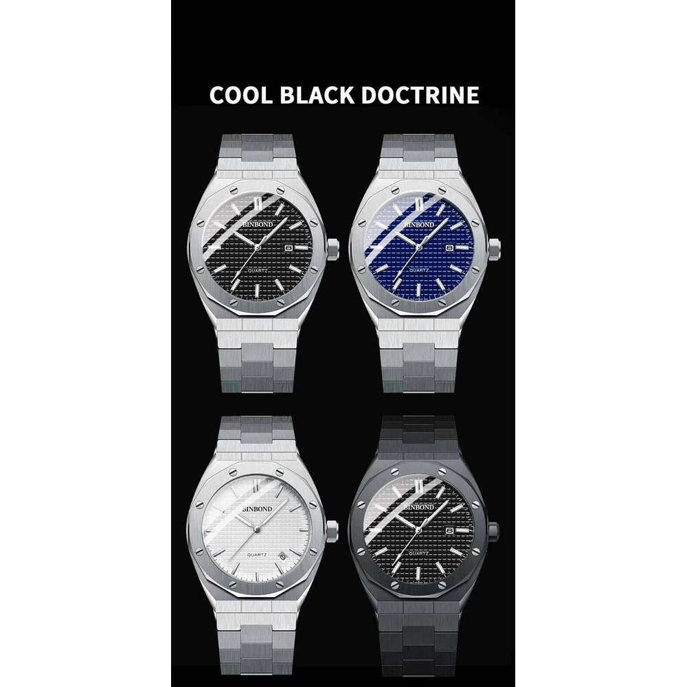 BINBOND 0233 Luxury Stainless Steel Large Dial Waterproof Night Light Men's Quartz Watch Clock 2025