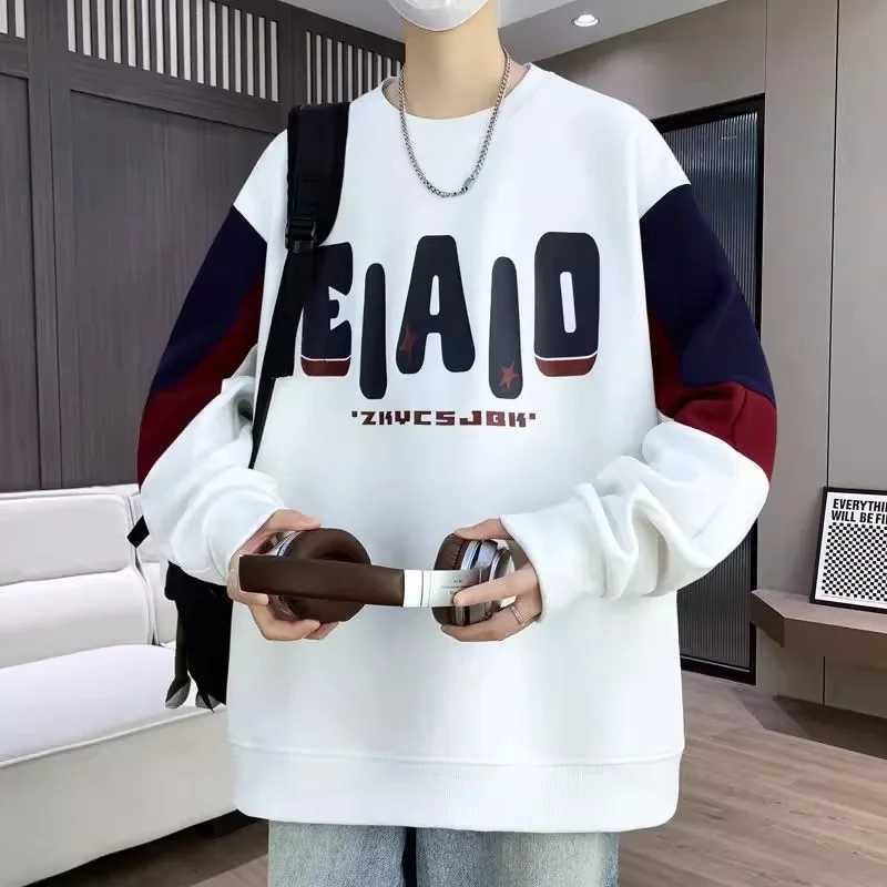 Autumn Mens Loose Sweatshirt M-6XL Korean Trendy Long Sleeve T-shirt Fashion Mens Clothing Black O Neck Harajuku Top New M260312