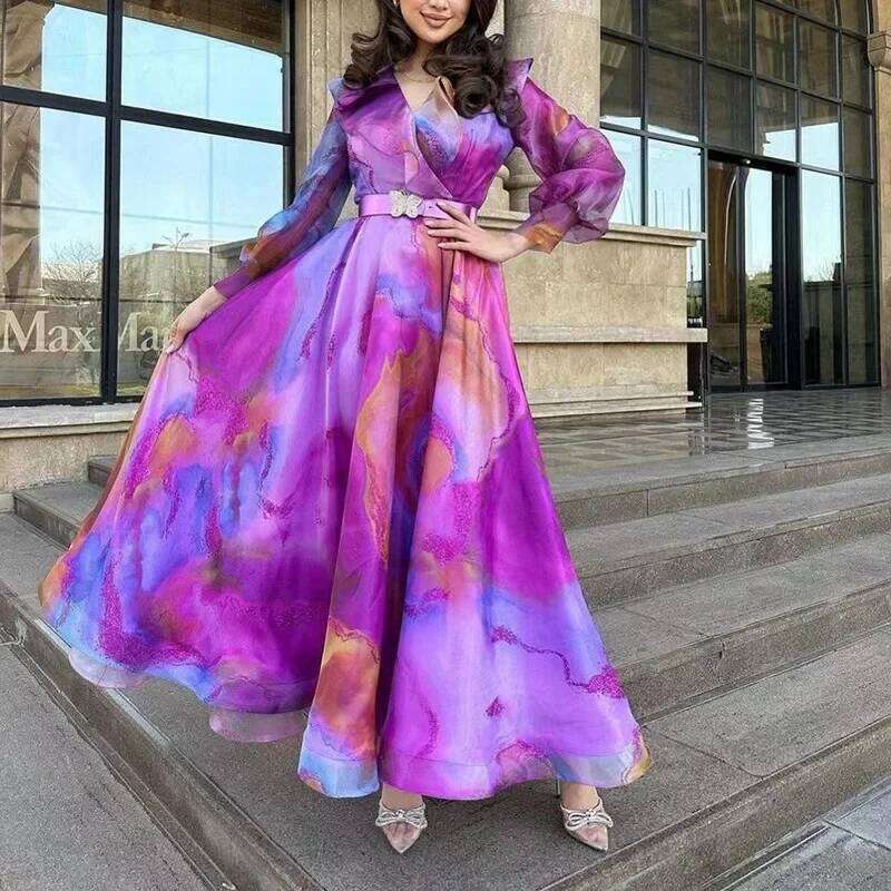 Print Dress Women Long Dresses Full Sleeve Sashes Tight Waist 2024 Autumn Female Temperament Elegant Office Lady Vestidos C260312
