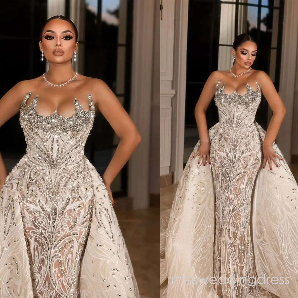Luxury Pearls Crystal Wedding Dress Strapless Mermaid Bridal Gowns with Detachable Train Sleeveless Beading Illusion Bride Dresses Customized Vestido 