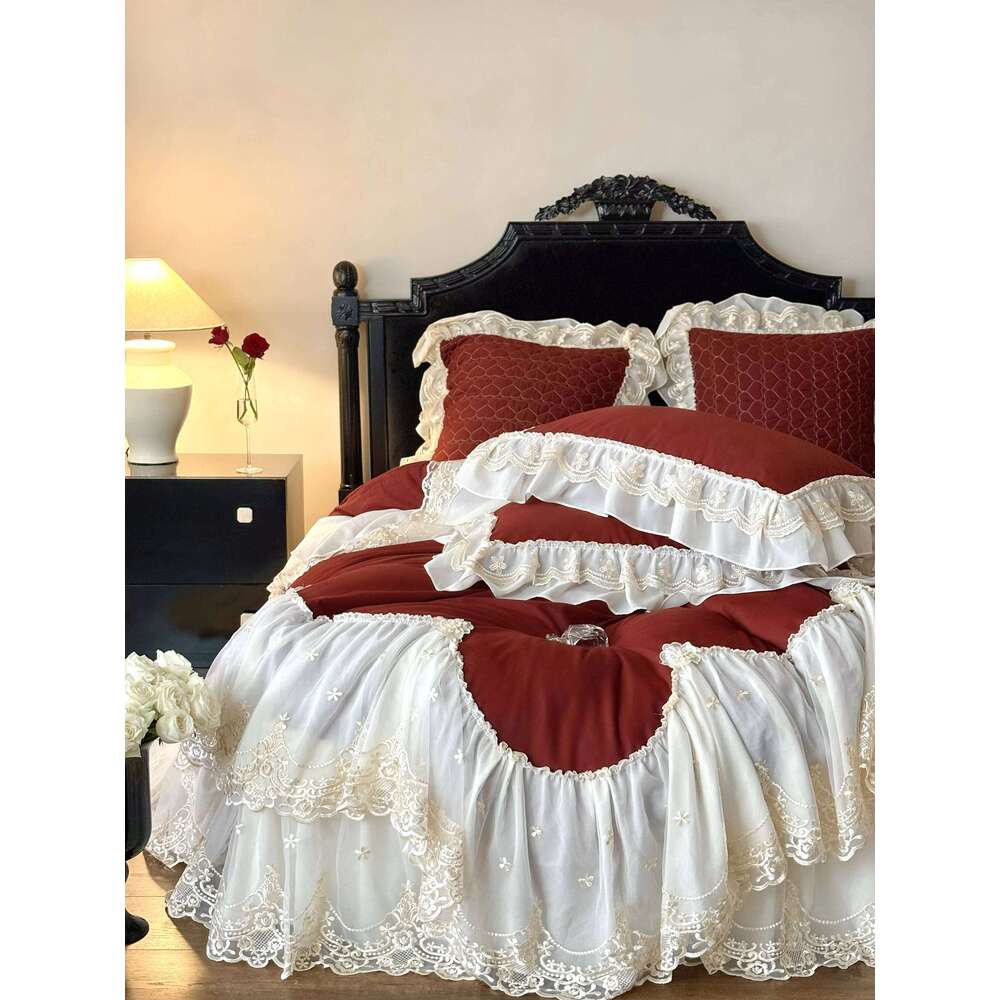 4Pcs French Princess Style 100% Romantic Long Stella Cotton Lace Duvet High-end Feeling Padded Thickened Bed Cover H260312
