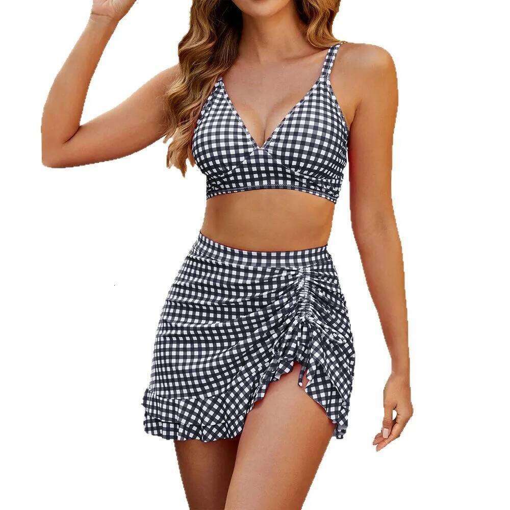 2025 New Plaid Print Three-piece Bikini Sexy Women Sling Ruffles Swimsuit Drawstring Backless Swimwear Tight Push Up Beach Skirt Y260303