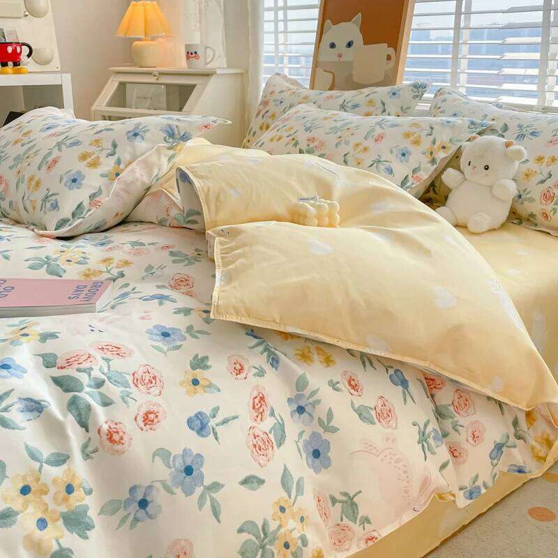 Simple Flower Quilt Cover Bed Sheet Four-piece Washed Cotton Bedding College Dormitory Three-piece Set Warm Home H260312