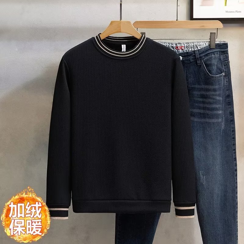 Autumn And Winter Fleece-lined Thickened Light Designer Hoodie Luxury Warm Ribbed Color-blocked Round-neck Sweatshirt For Men Slim-fit Casual Trendy B